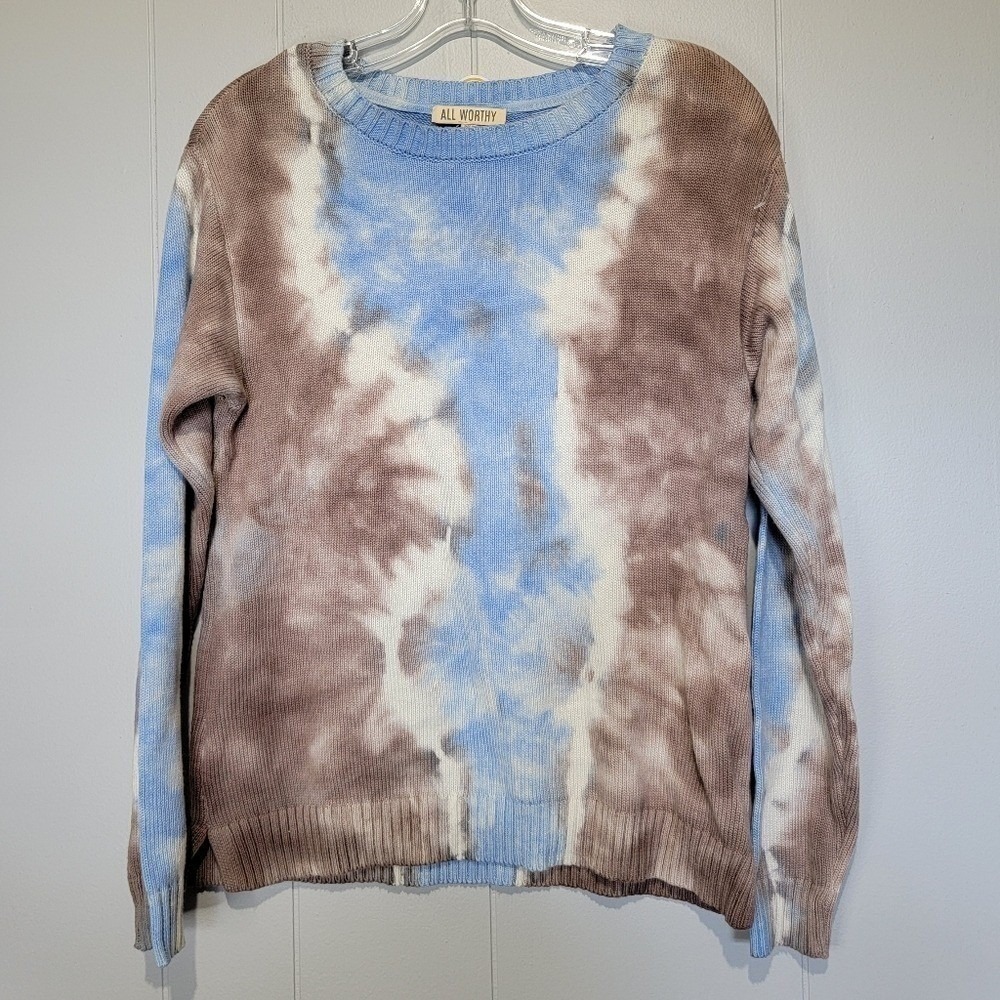 All Worthy Hunter McGrady Tie Dye Cotton Blend Knit Sweater Blue Brown XXS